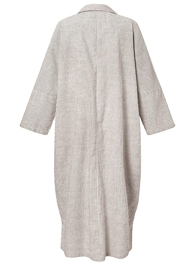 utcoco Womens Striped Long Sleeve Dress Casual Loose Button Down Cotton Maxi Shirt Dress (Large, Khaki) - Image 3